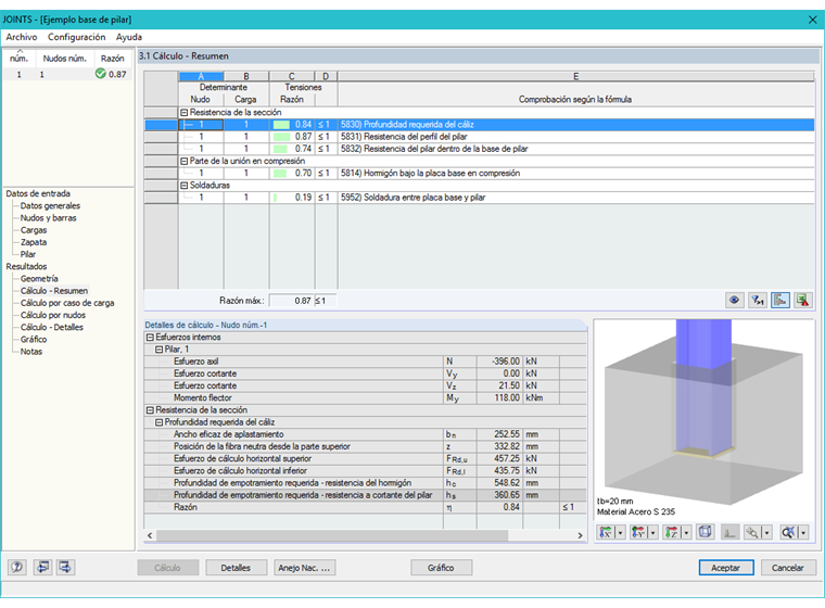 Ventana 3.1 Cálculo - Resumen incluyendo los detalles de la profundidad requerida del cáliz