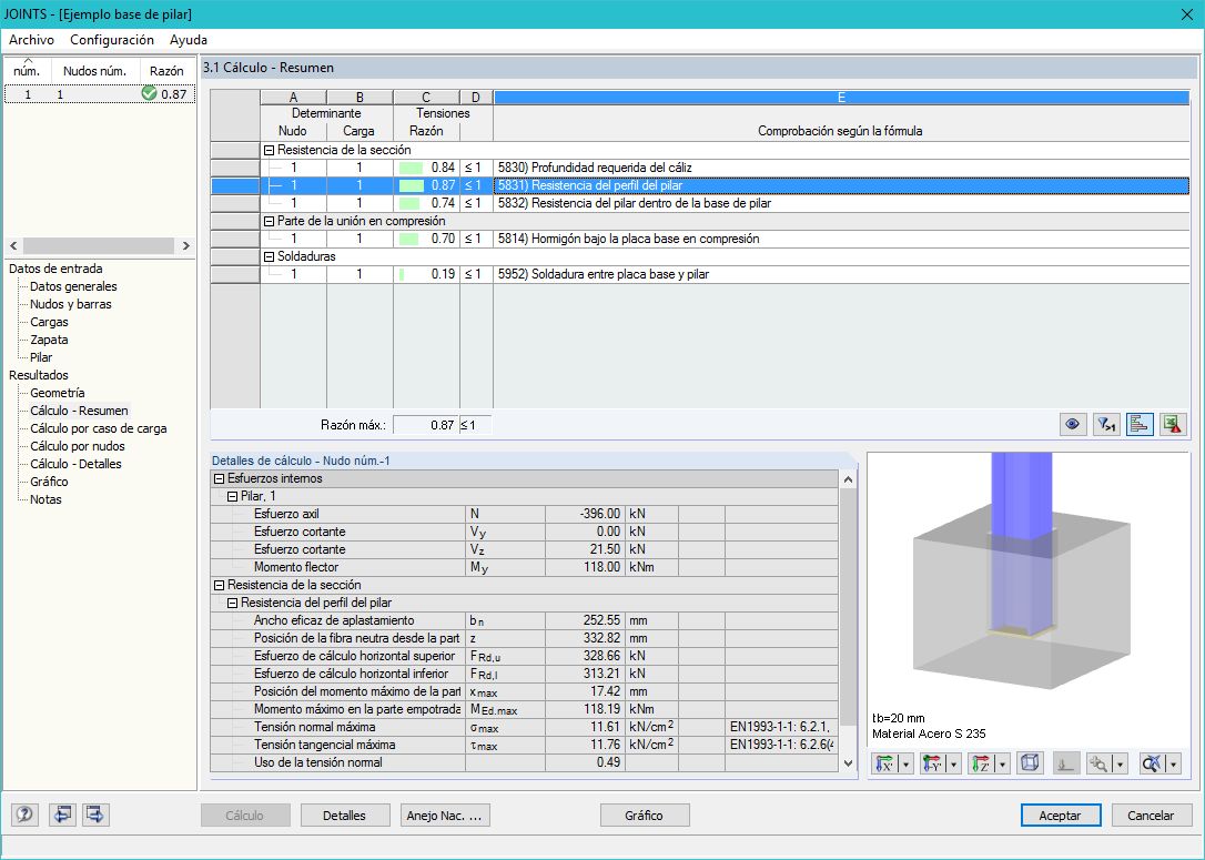 Ventana 3.1 Cálculo - Resumen incluyendo los detalles de la resistencia del perfil del pilar