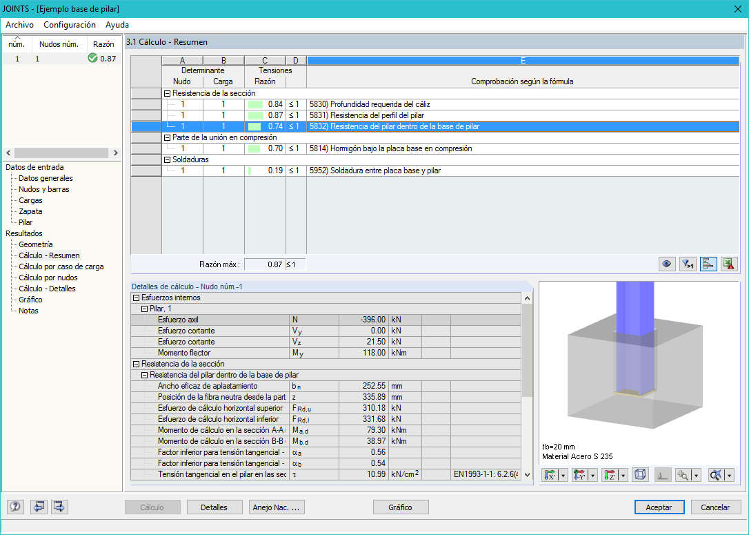 Ventana 3.1 Cálculo - Resumen incluyendo los detalles de cálculo del pilar en el cáliz
