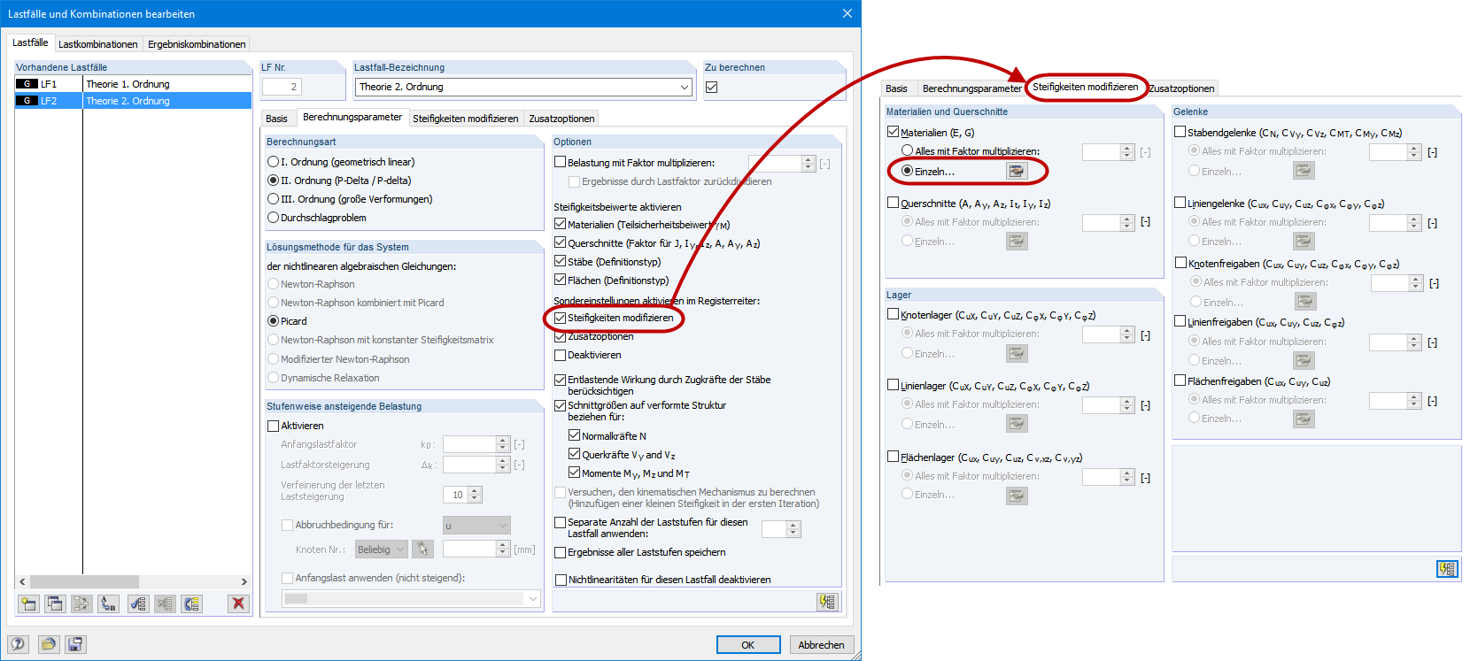 Modificación de la rigidez para casos de carga o Combinaciones de carga
