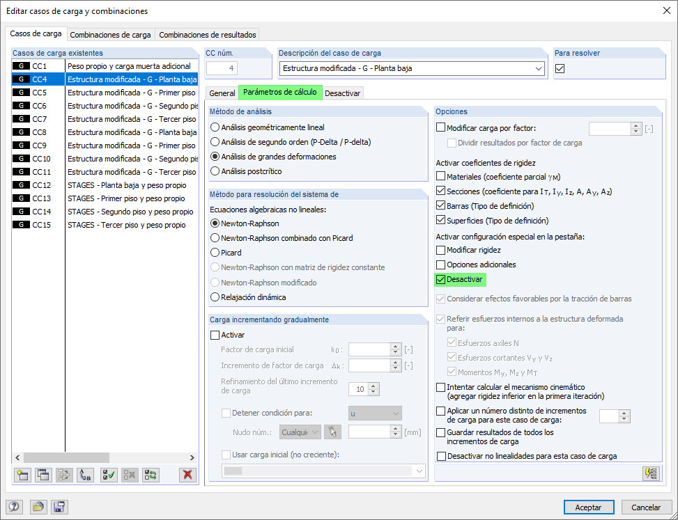 Parámetros de cálculo de casos de carga