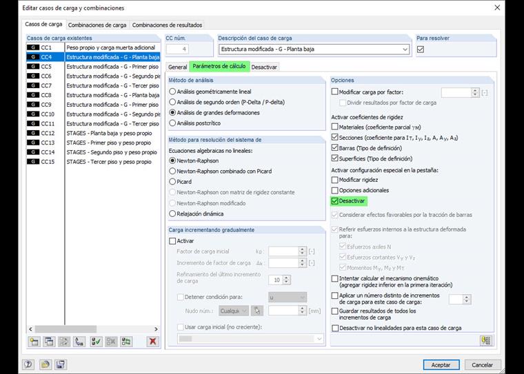 Parámetros de cálculo de casos de carga