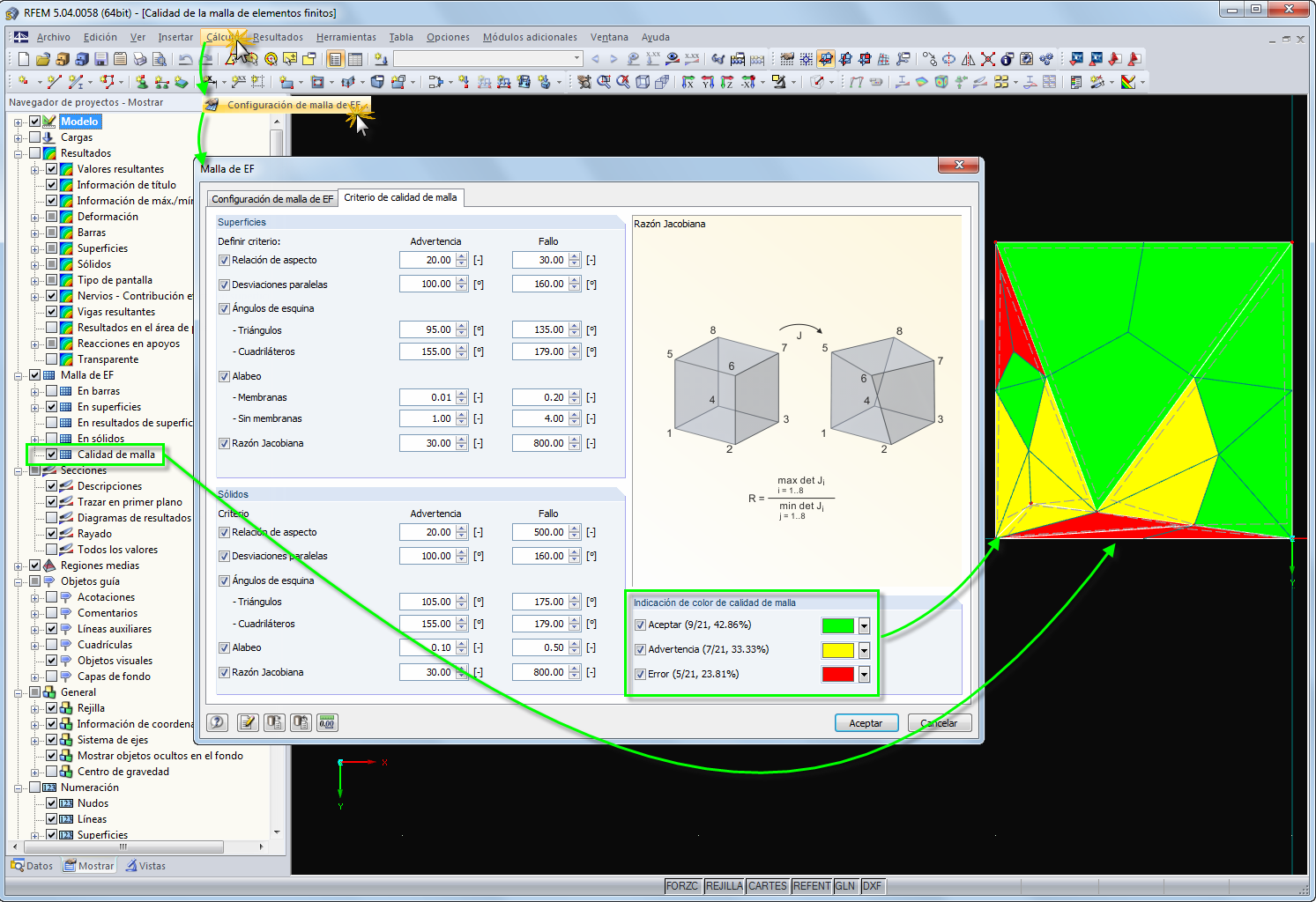 Visualización de la calidad de la malla de EF