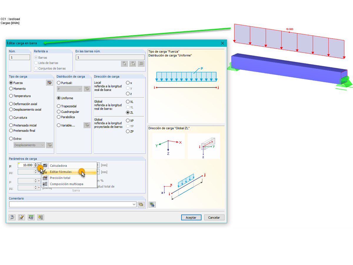 Editar carga en barra