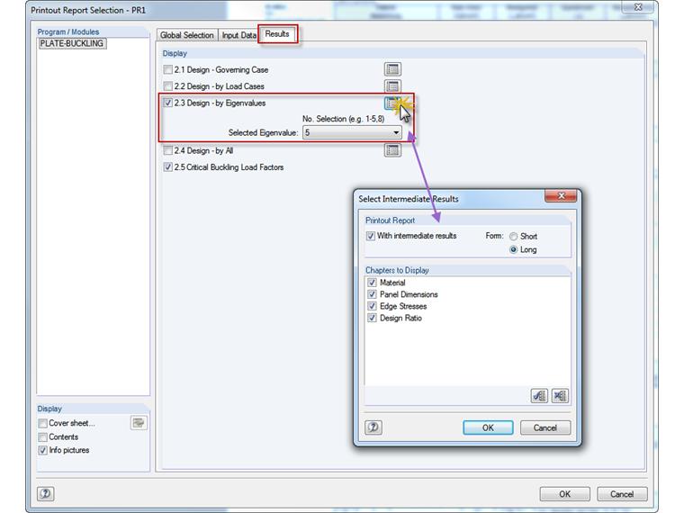 Visualización seleccionada de valores propios, incluido el análisis de pandeo