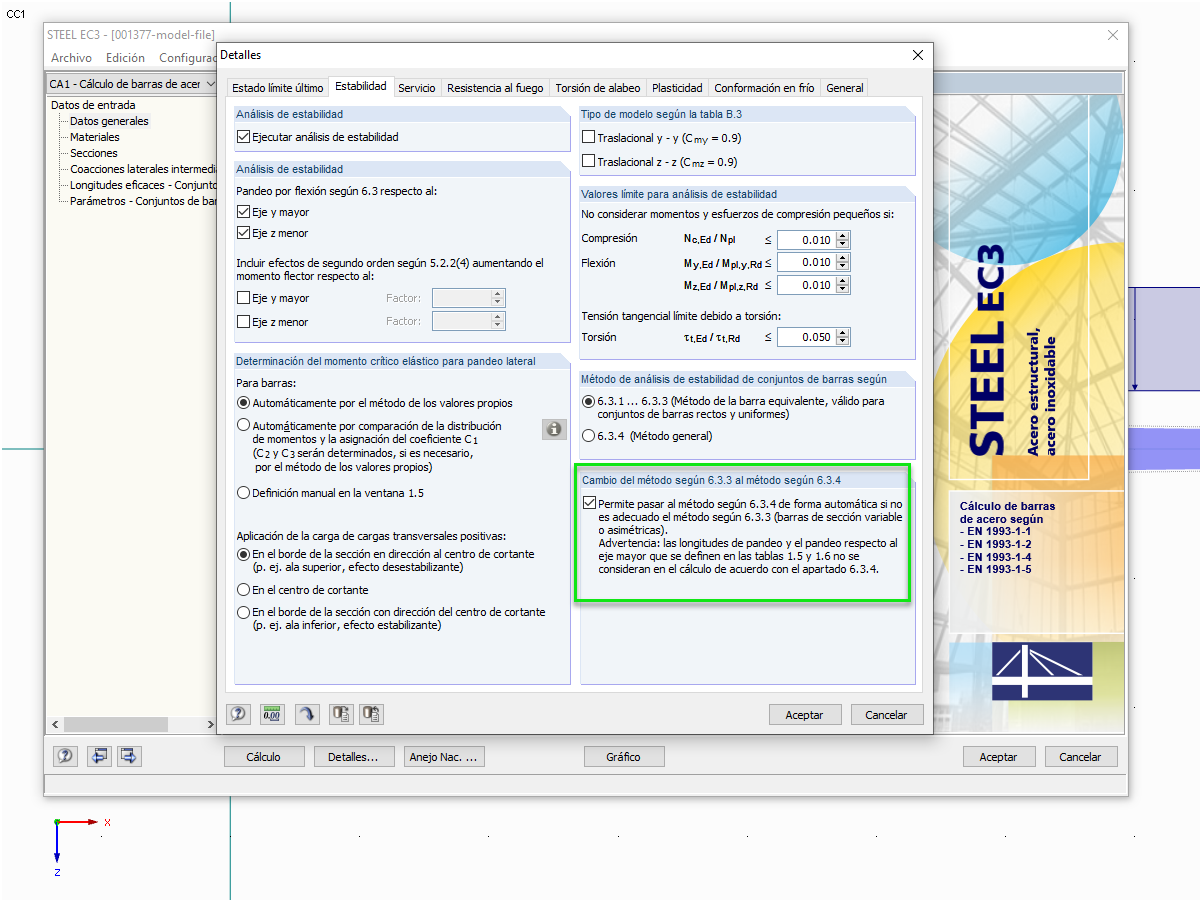 Opción de cambio en detalles de cálculo