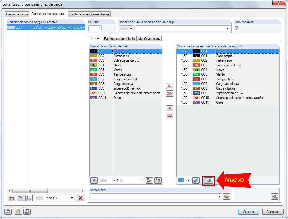 Editar casos de carga y combinaciones