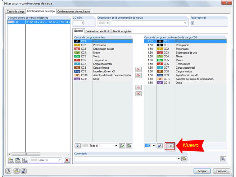 Editar casos de carga y combinaciones