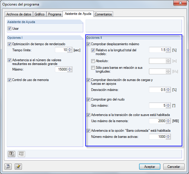 Uso de las opciones II en el asistente de ayuda