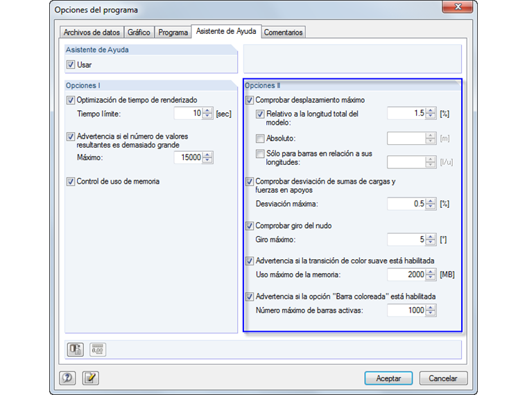 Uso de las opciones II en el asistente de ayuda
