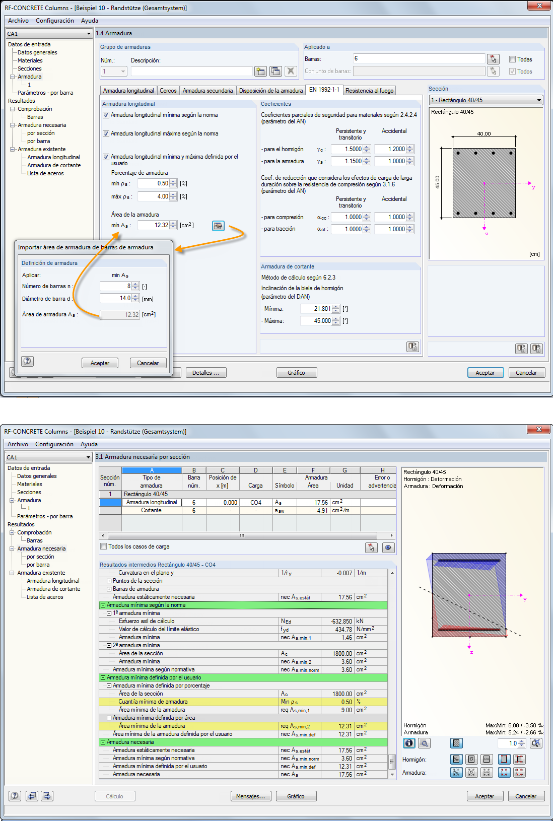 Opción de entrada para la armadura longitudinal mínima