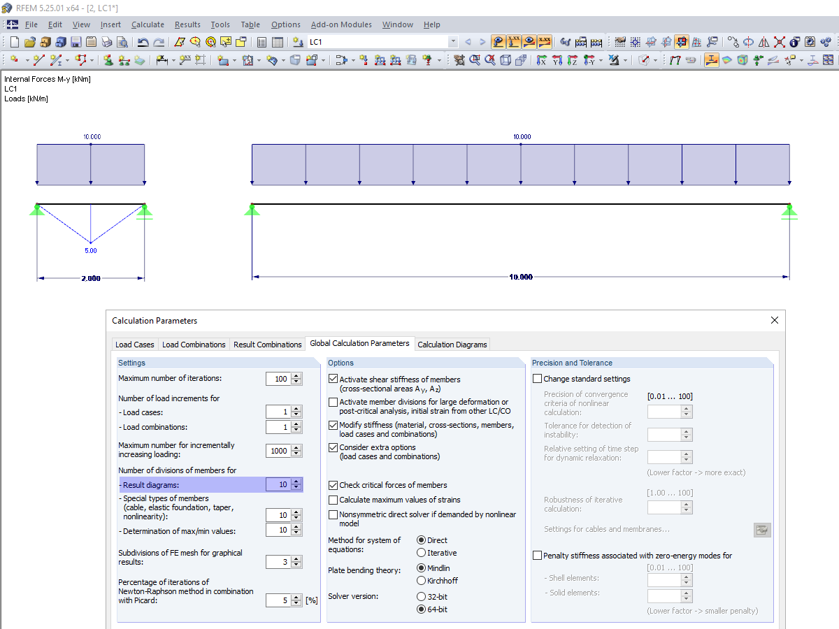 Diagrama de momentos con 10 divisiones de barras para diagramas de resultados