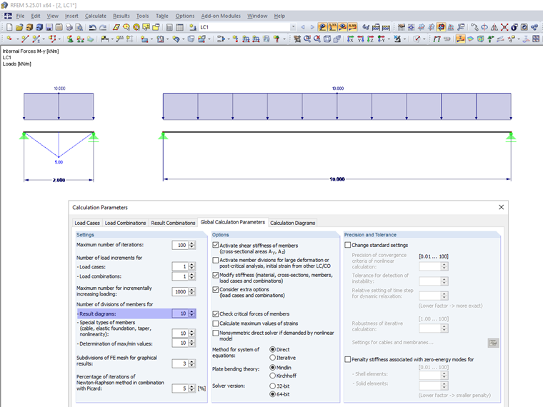 Diagrama de momentos con 10 divisiones de barras para diagramas de resultados