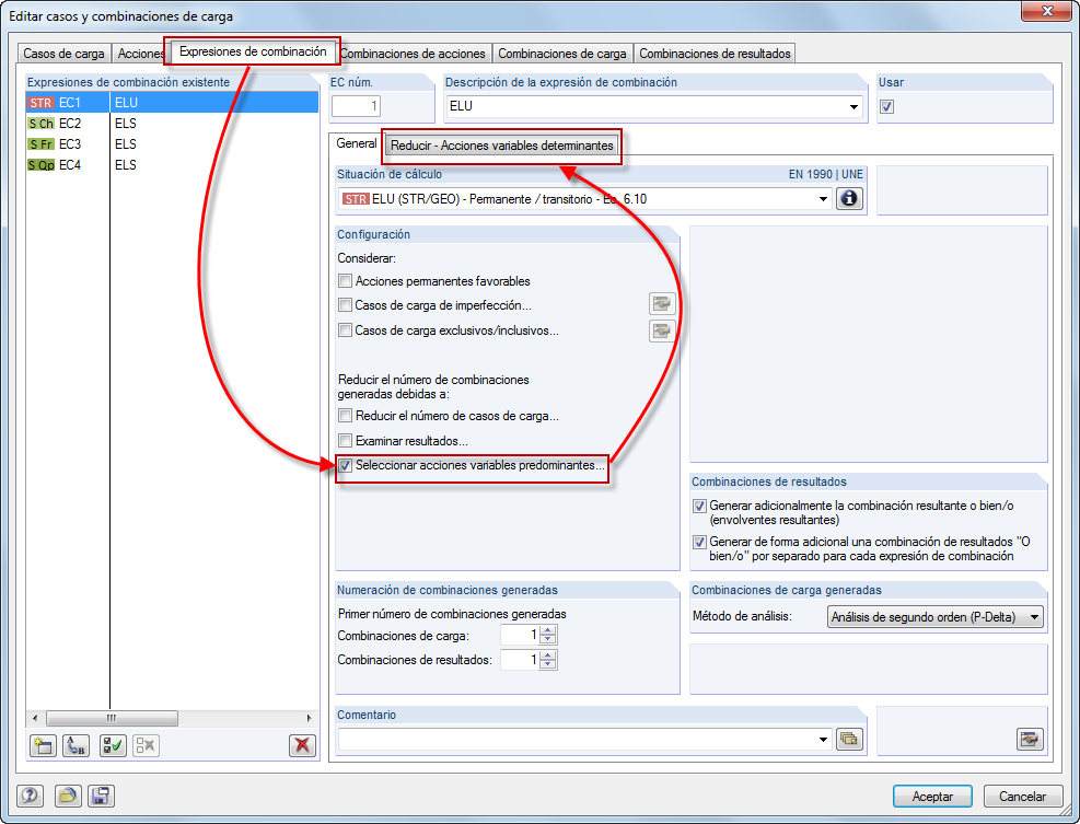 Editar casos de carga y combinaciones