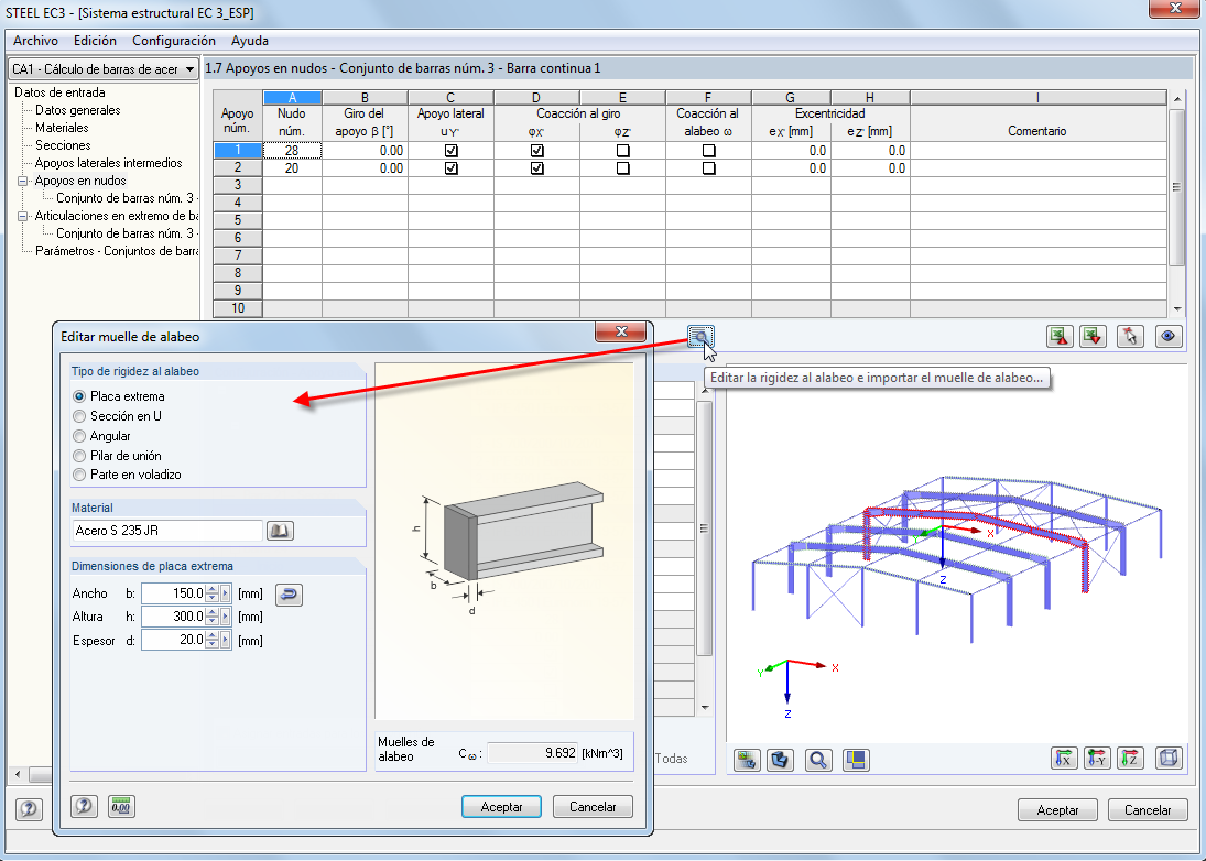 Coacción de alabeo a través de la placa de extremo