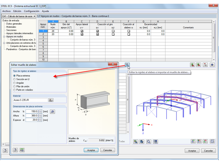 Coacción de alabeo a través de la placa de extremo