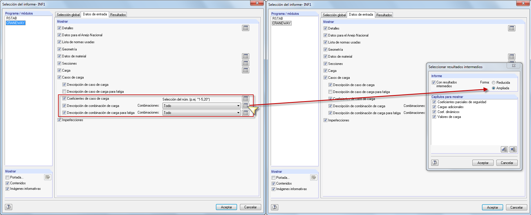 Selección de combinaciones de carga en el informe