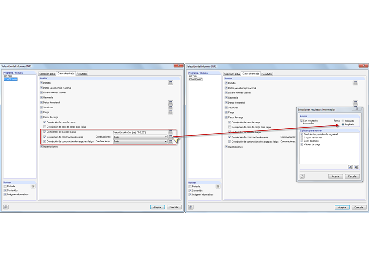 Selección de combinaciones de carga en el informe