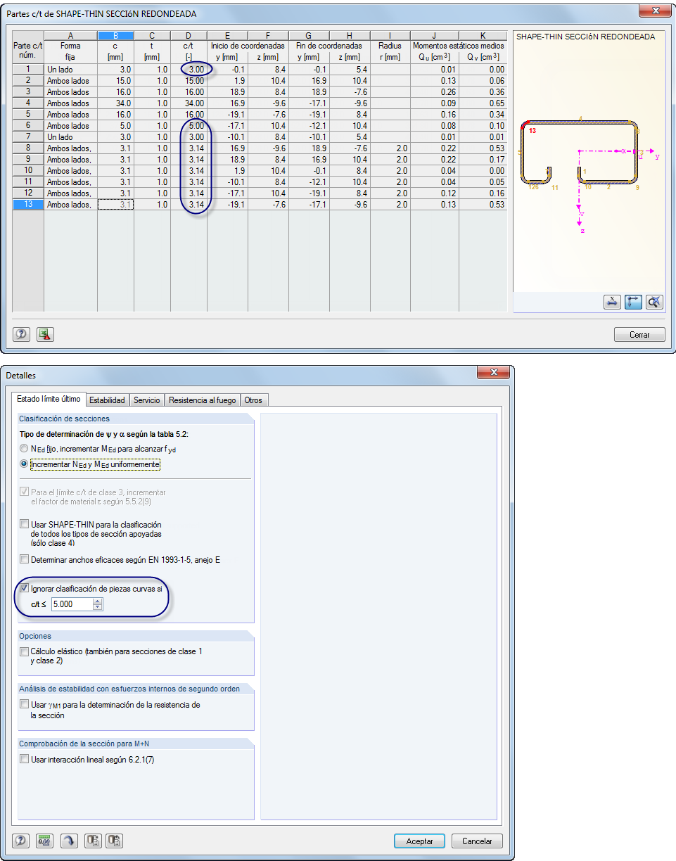 Parte de la sección curva de la sección SHAPE-THIN