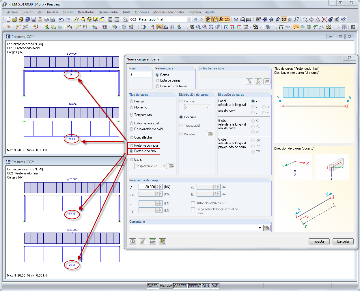 Carga previa del pretensado inicial en la barra