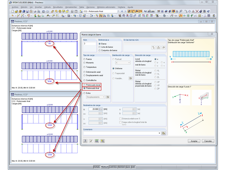 Carga previa del pretensado inicial en la barra