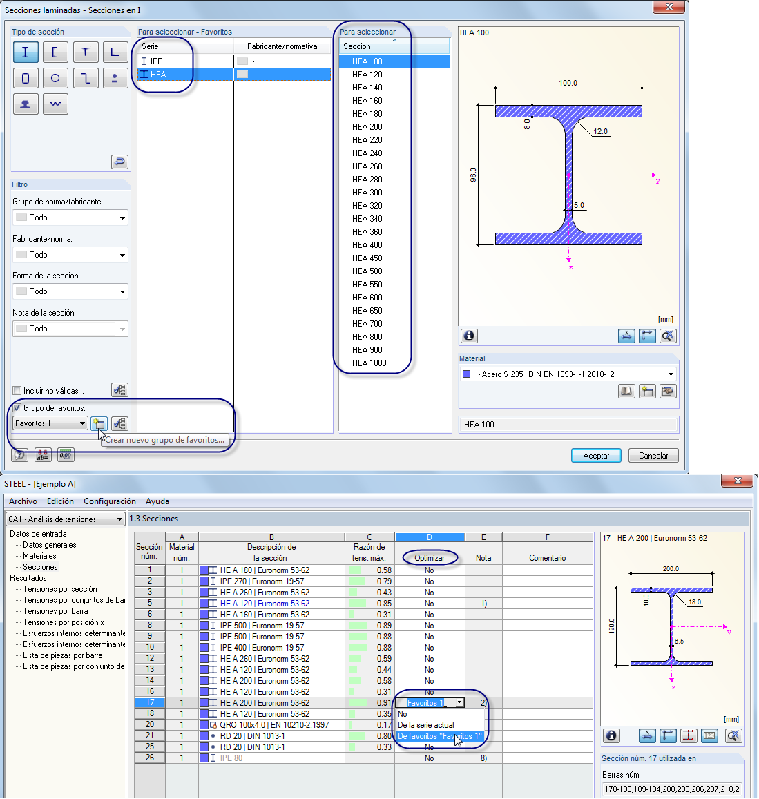 Optimización de la sección
