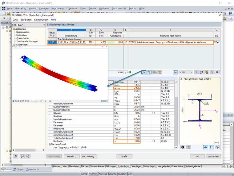 Stabilitätsnachweis nach Abschnitt 6.3.4 mit Anzeige der Eigenform