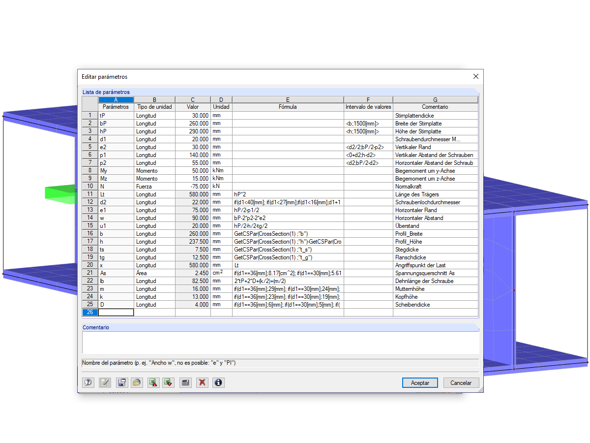 Edición de los parámetros