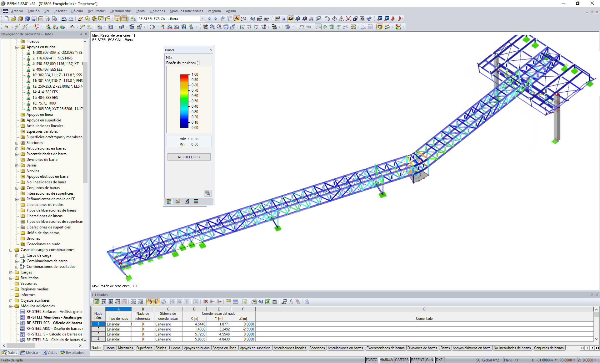 Modelo de RFEM del puente de medios con resultados de cálculo de RF-STEEL EC3 (© Oficina de ingeniería Grassl GmbH)