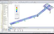 Modelo de RFEM del puente de medios con resultados de cálculo de RF-STEEL EC3 (© Oficina de ingeniería Grassl GmbH)