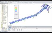 Modelo de RFEM del puente de medios con resultados de cálculo de RF-STEEL EC3 (© Oficina de ingeniería Grassl GmbH)
