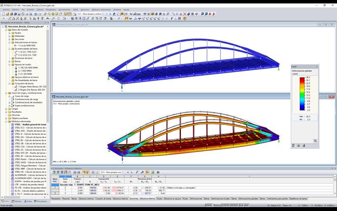 Modelo en 3D (arriba) y deformaciones (abajo) del puente Hervester núm. 423 en RSTAB (© grbv)