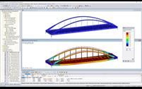 Modelo en 3D (arriba) y deformaciones (abajo) del puente Hervester núm. 423 en RSTAB (© grbv)