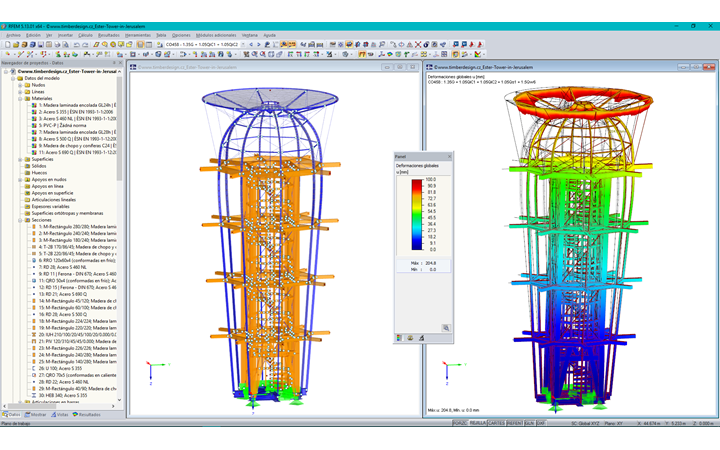 Modelo de estructura de torre de éster en el programa RFEM