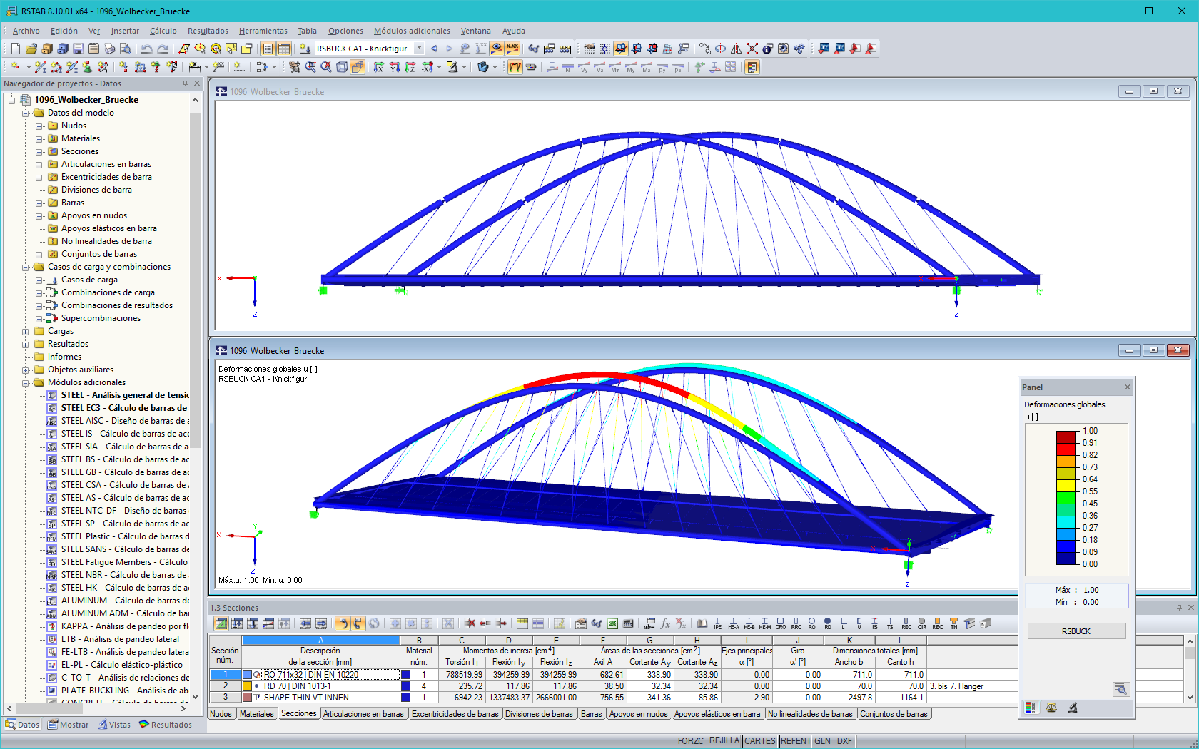 Vista lateral (superior) y primer modo de pandeo del puente de carretera de Wolbecker en RSTAB (© grbv)