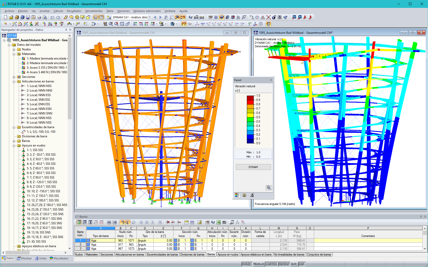Modelo 3D y forma del primer modo de la torre de observación en RSTAB (© WIEHAG GmbH)