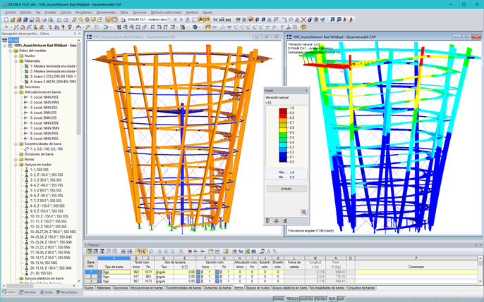 Modelo 3D y forma del primer modo de la torre de observación en RSTAB (© WIEHAG GmbH)