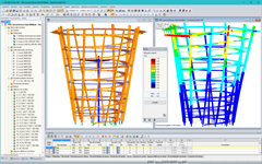 Modelo 3D y forma del primer modo de la torre de observación en RSTAB (© WIEHAG GmbH)