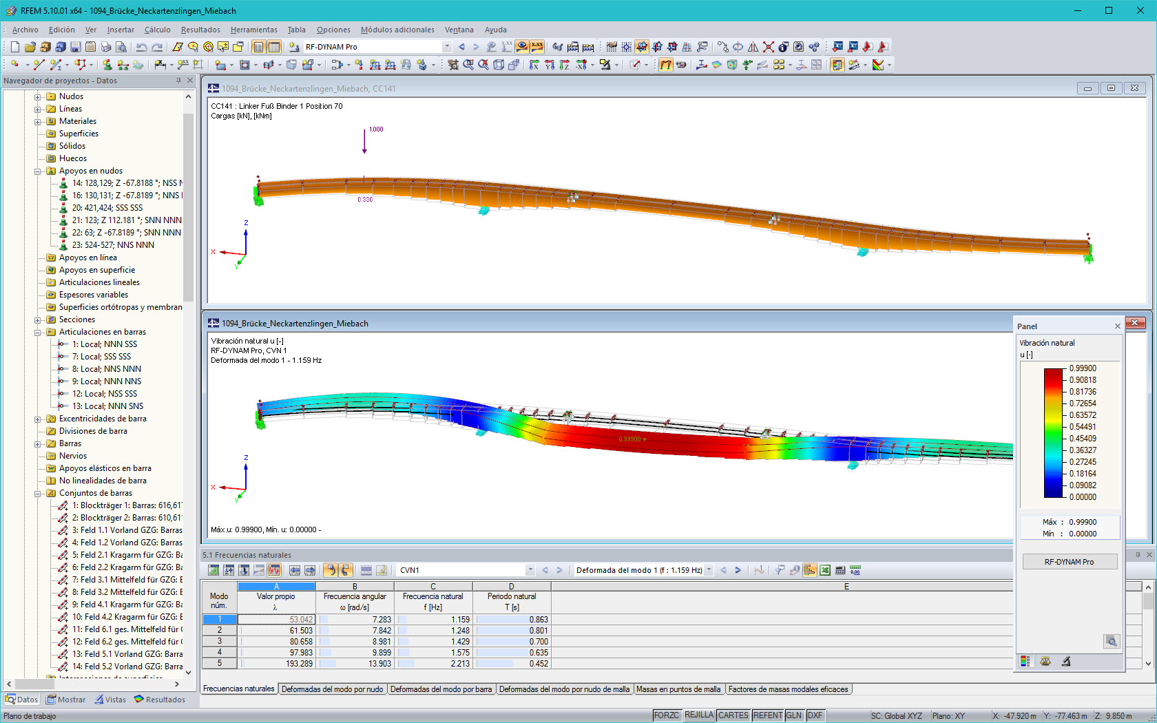 Modelo y forma del primer modo de un puente peatonal y ciclista en RFEM (© IB Miebach)