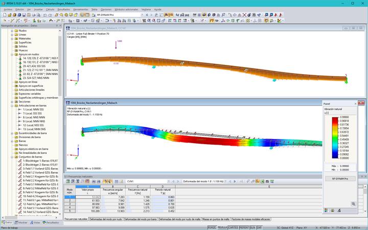 Modelo y forma del primer modo de un puente peatonal y ciclista en RFEM (© IB Miebach)