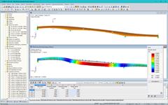Modelo y forma del primer modo de un puente peatonal y ciclista en RFEM (© IB Miebach)