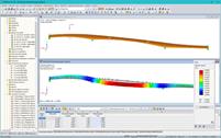 Modelo y forma del primer modo de un puente peatonal y ciclista en RFEM (© IB Miebach)