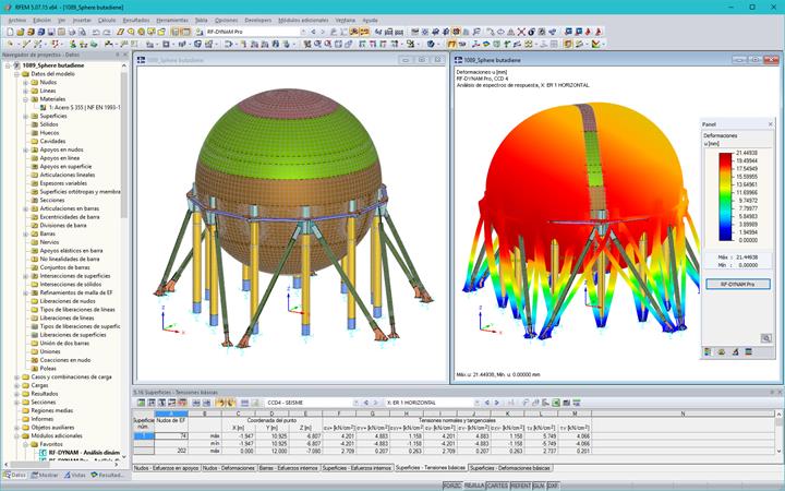 Analytisches 3D-Modell in RFEM (links) und in RF-DYNAM Pro berechnete Eigenform (rechts)