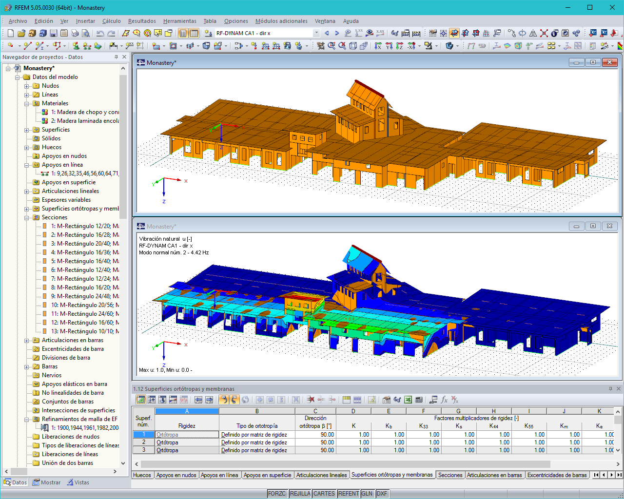 3D-Modell (oben) und in RF-DYNAM berechnete Eigenform (unten) der Holztragkonstruktion in RFEM (© Dr. Ing. Berger, Dr. Ing. Gadner Meran)