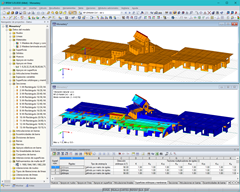3D-Modell (oben) und in RF-DYNAM berechnete Eigenform (unten) der Holztragkonstruktion in RFEM (© Dr. Ing. Berger, Dr. Ing. Gadner Meran)