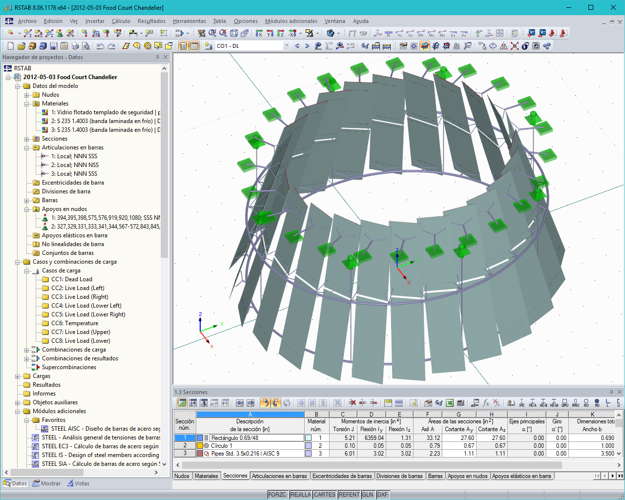 Modelo en 3D de la estructura de soporte de la lámpara de cristal en RSTAB (© www.stutzkiengineering.com)