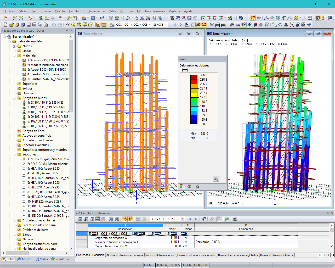 3D-Modell des Aussichtsturmes und Verformungsfigur in RFEM (© Harrer Ingenieure)