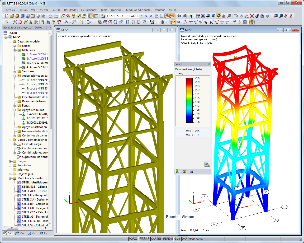 3D-Modell des Kesselgerüstes und Verformungsfigur in RSTAB (© Voss & Kamb und Partner GmbH)