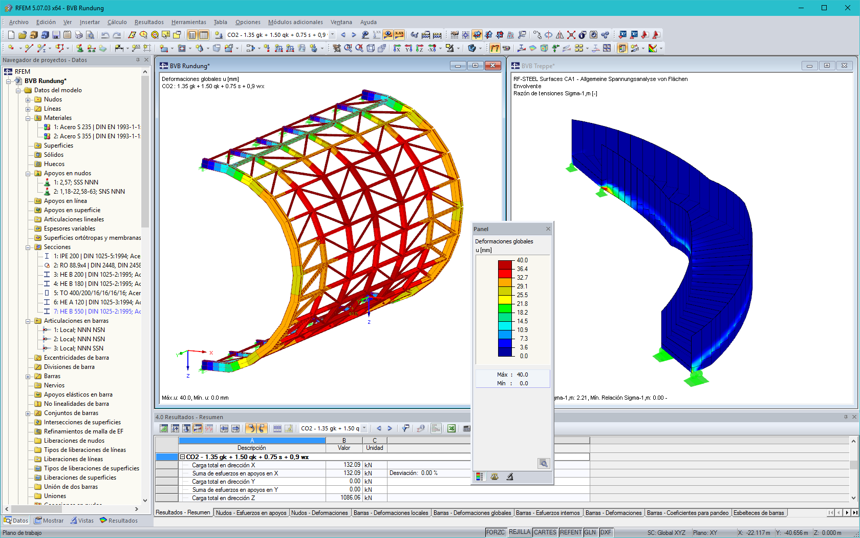 Los modelos de la redondez y la escalera con los resultados en RFEM (© osd GmbH & Co. KG)