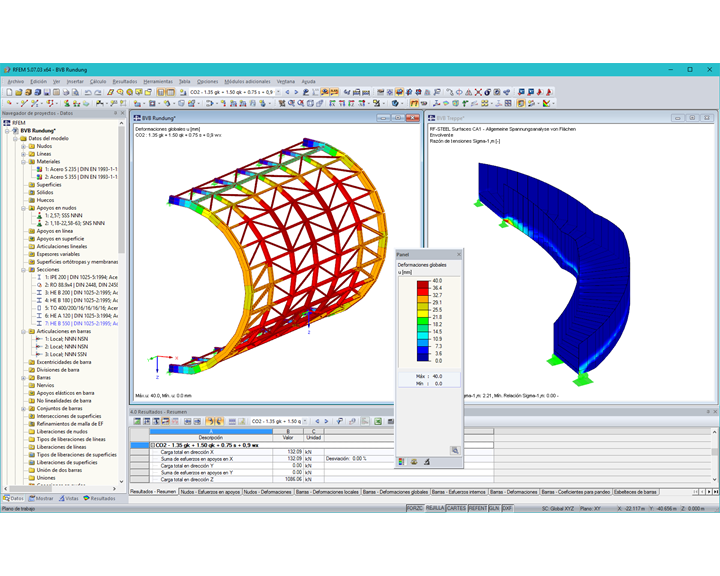 Los modelos de la redondez y la escalera con los resultados en RFEM (© osd GmbH & Co. KG)